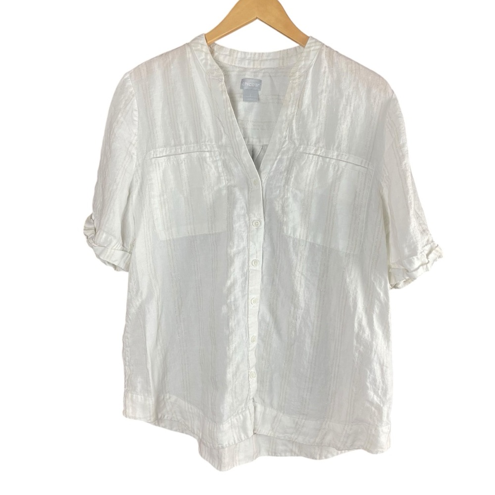 Chicos Shirt Top Blouse Button Up White Linen Gold Stripe Size 12/14